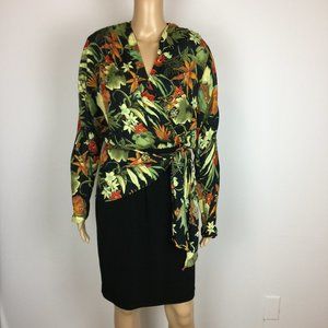 Vintage Carole Little Wrap Dress Size 4 Black Green Floral Long Sleeve Rayon